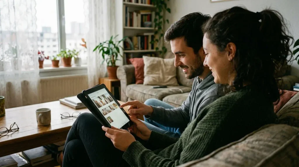 Un couple consulte ensemble une tablette dans leur salon, assis sur un canapé gris, lumière naturelle de fenêtre