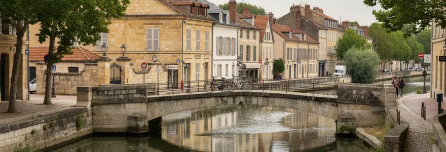 Vue du canal de Bourgogne traversant Dijon avec immeubles en pierre typiques et reflets sur l'eau