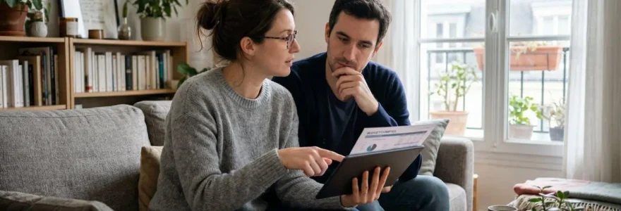 Couple trentenaire consultant une assurance emprunteur sur tablette dans leur salon