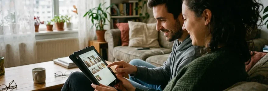 Un couple consulte ensemble une tablette dans leur salon, assis sur un canapé gris, lumière naturelle de fenêtre