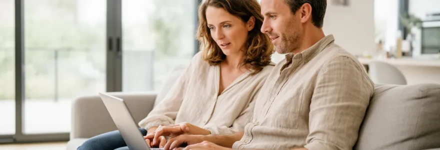 Couple trentenaire consultant ensemble les devis d'assurance emprunteur sur leur ordinateur portable