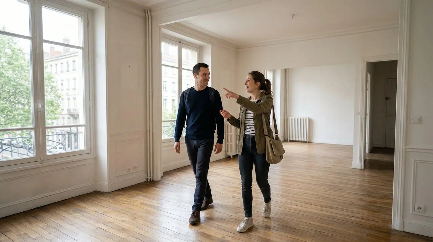 Jeune couple visitant un appartement avant achat immobilier