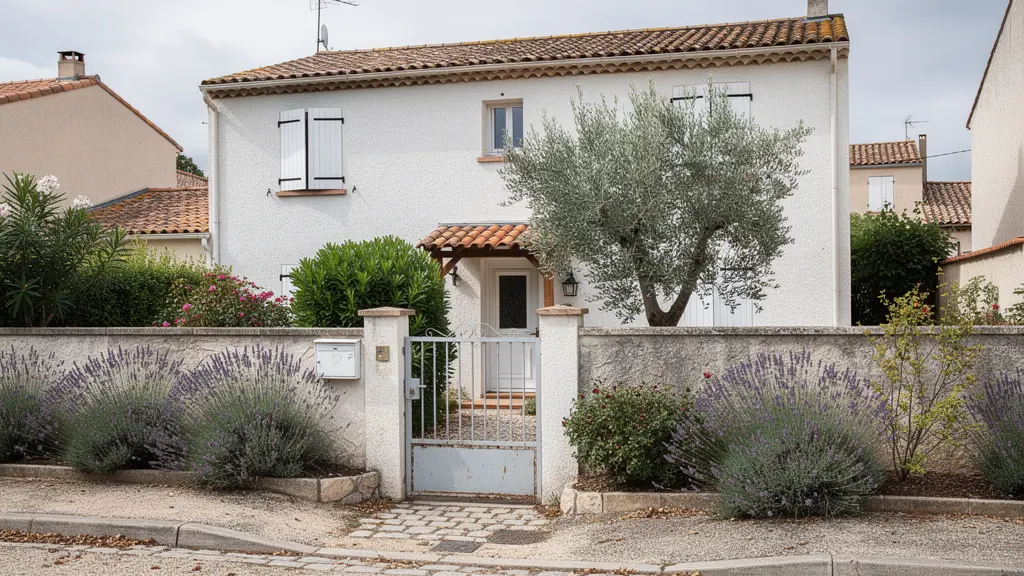Façade de maison individuelle typique station balnéaire avec jardin méditerranéen