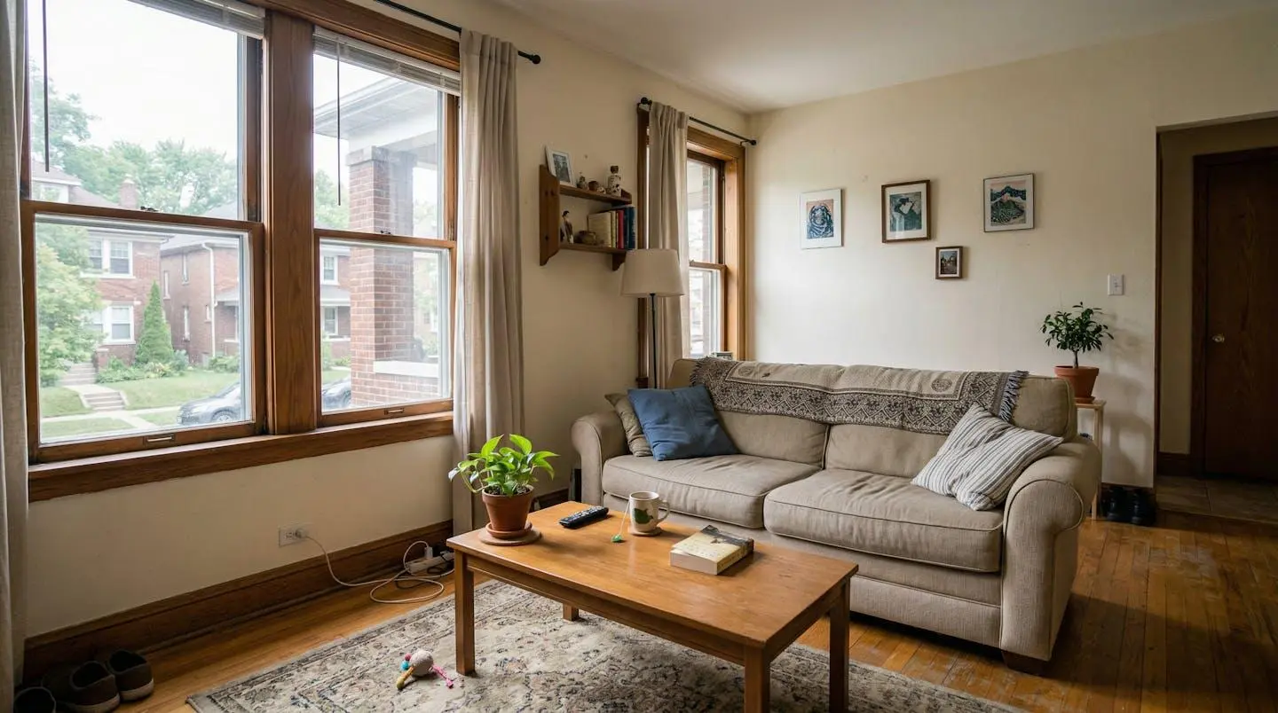 Intérieur d'un salon lumineux avec canapé et table basse, appartement modeste mais propre, fenêtre visible