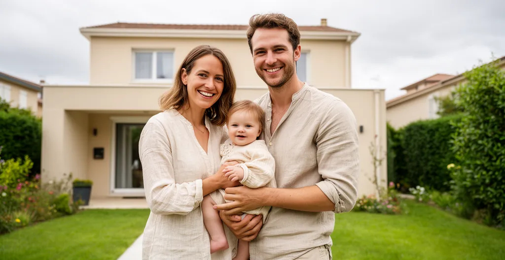 Jeune famille avec enfant devant leur nouvelle maison, moment de fierté après l'achat immobilier