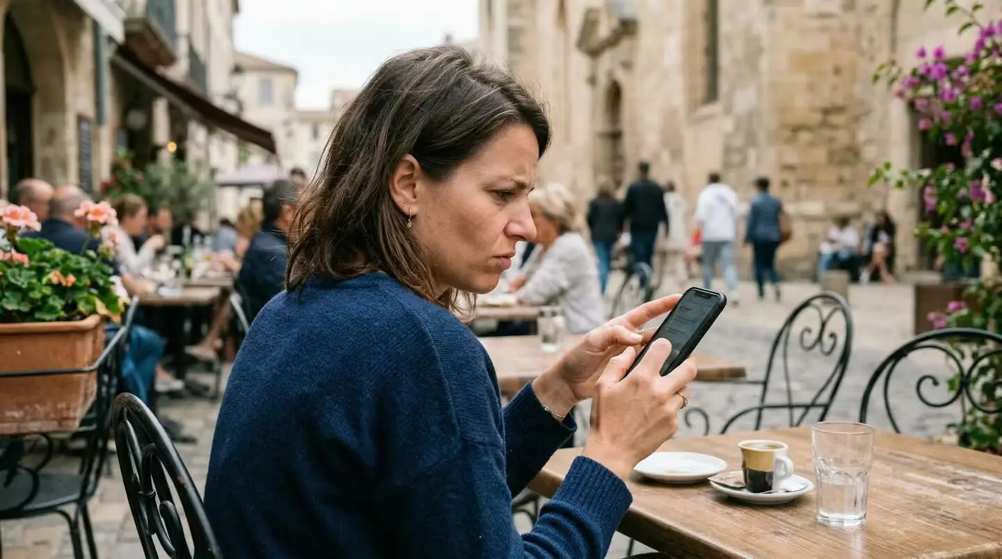Personne consultant des annonces immobilières sur smartphone dans un café narbonnais