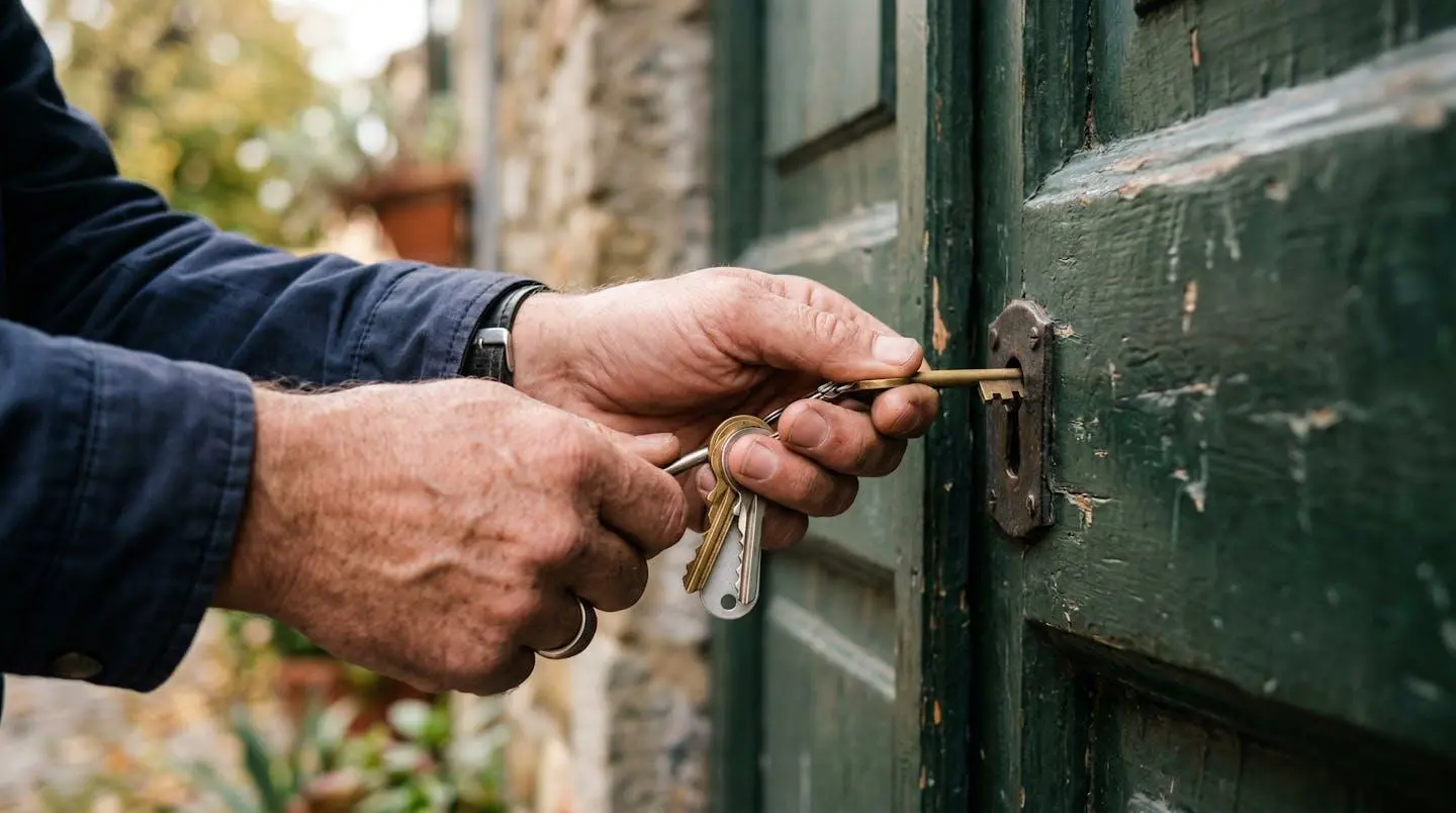 Des mains tiennent un trousseau de clés devant une porte d'entrée, cadrage serré avec bokeh naturel