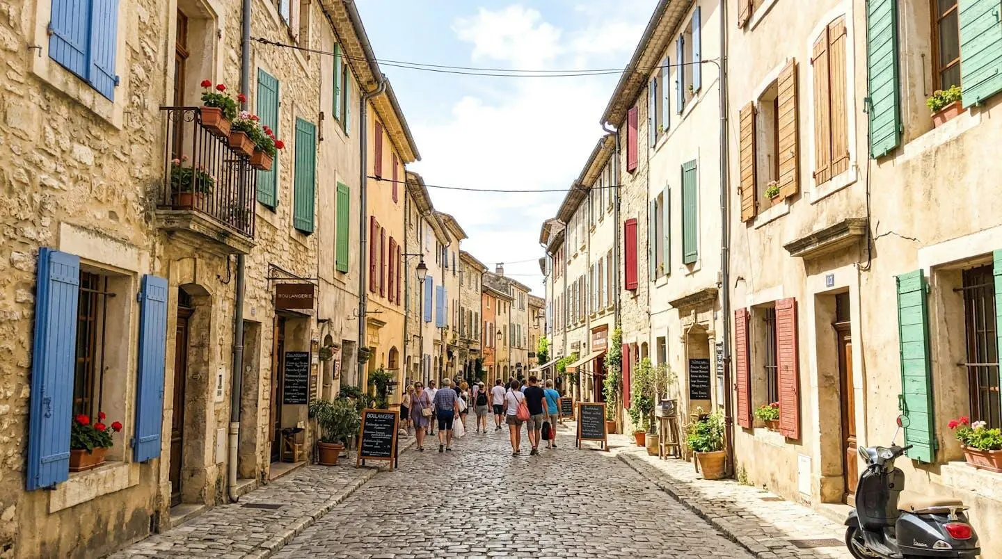 Une rue typique du sud de la France avec façades anciennes et volets colorés, passants en mouvement