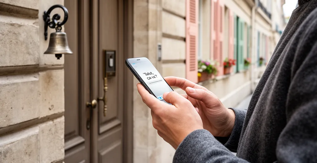 Personne vérifiant une annonce location sur son téléphone avant visite