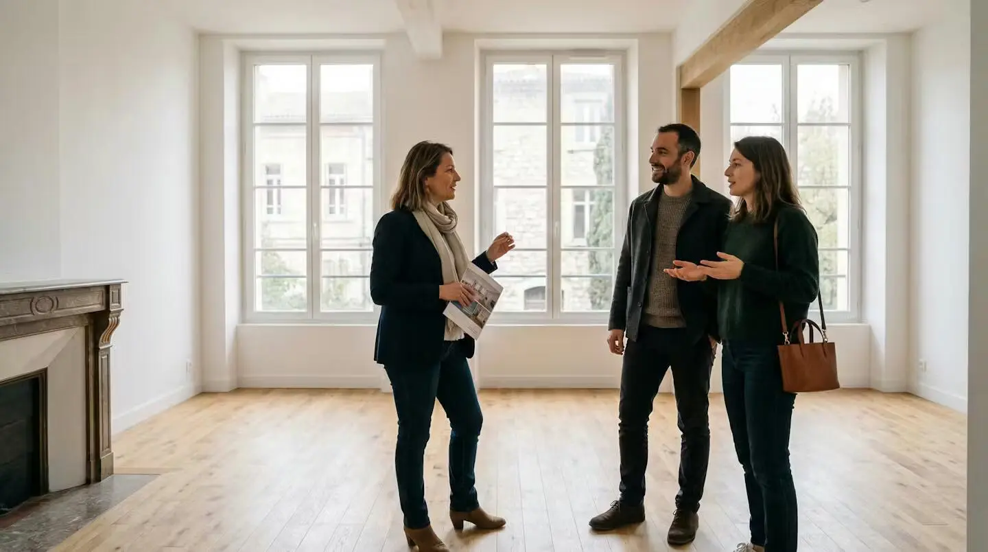 Couple visitant un appartement vide avec un agent immobilier à Narbonne