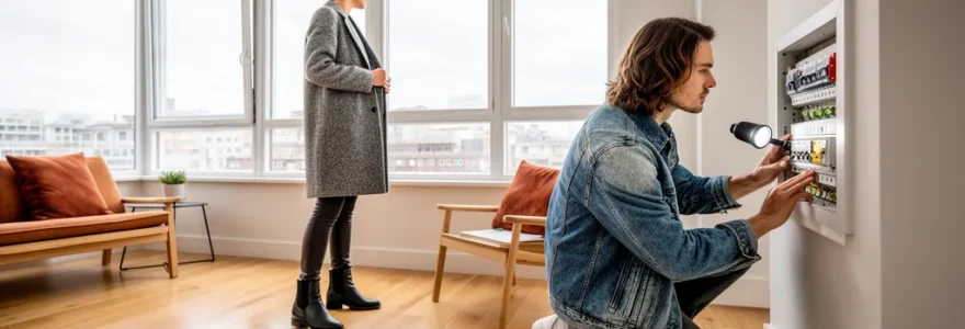 Deux personnes visitant un appartement à Narbonne, vérification des équipements