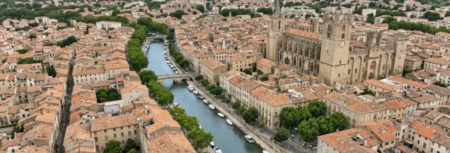Vue aérienne de Narbonne avec immeubles résidentiels et Canal de la Robine visible