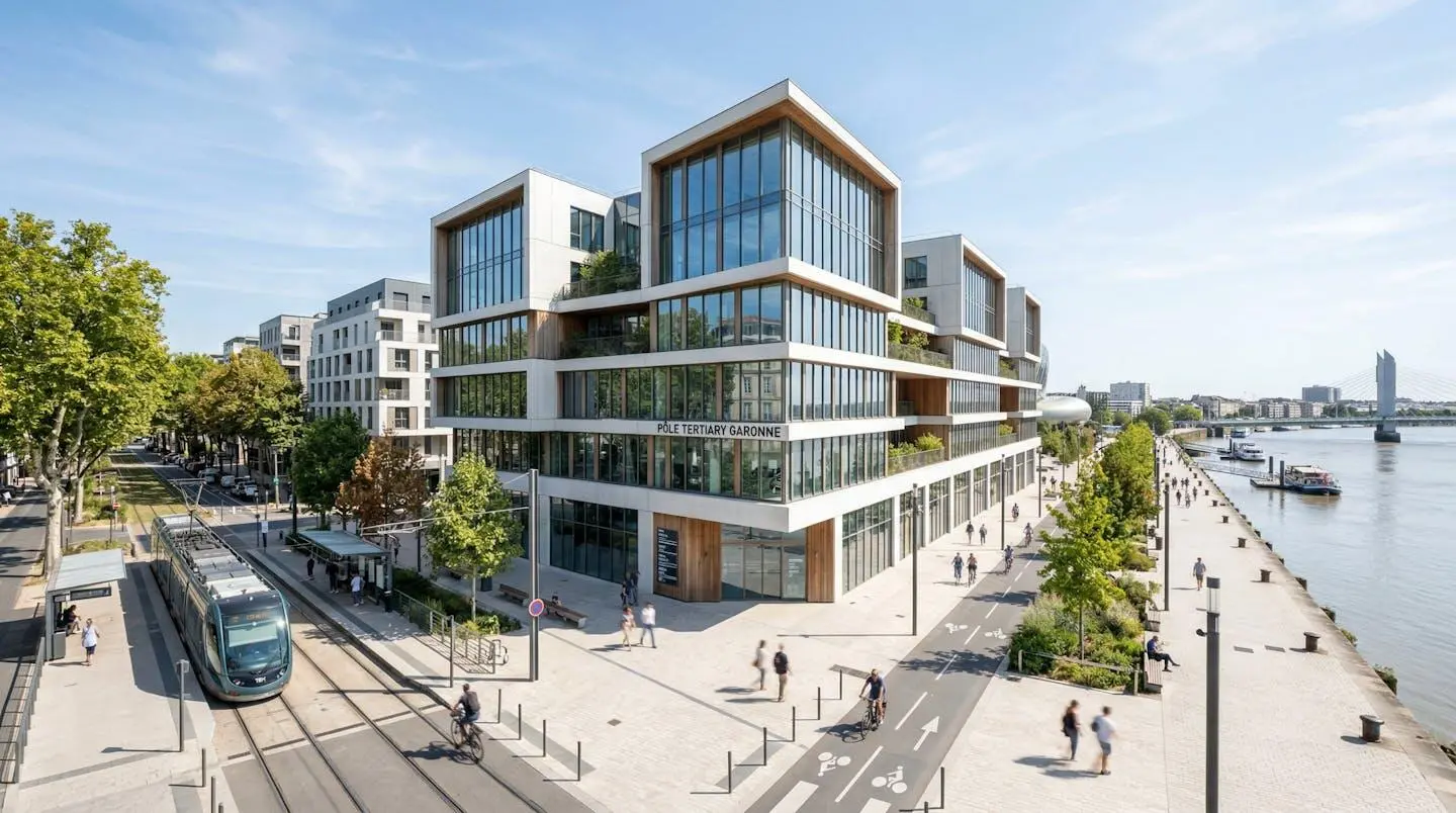 Façade d'un immeuble de bureaux moderne et lumineux dans le centre de Bordeaux par une journée ensoleillée