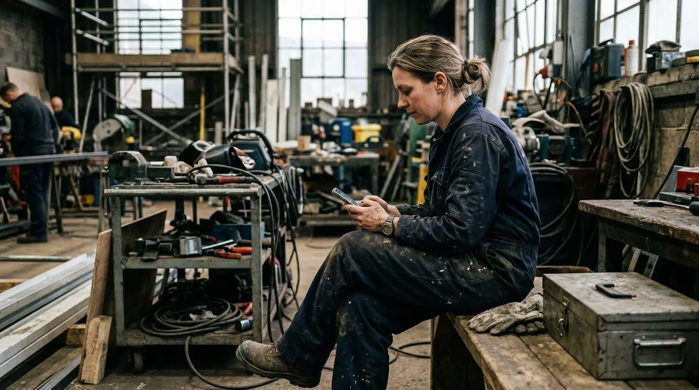 Un artisan en bleu de travail consulte son téléphone pendant une pause, environnement réaliste d'atelier ou de chantier