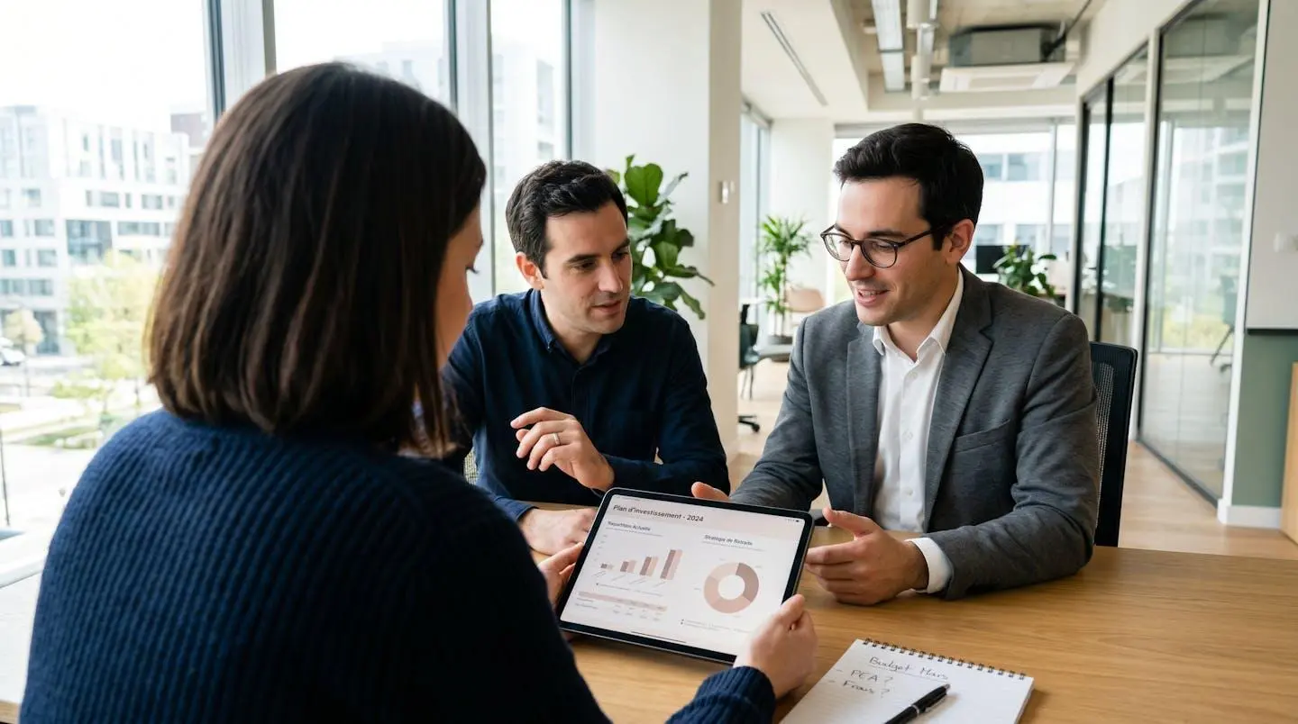 Un couple vu de dos consulte avec un professionnel un document de simulation de prêt sur une tablette dans un bureau lumineux