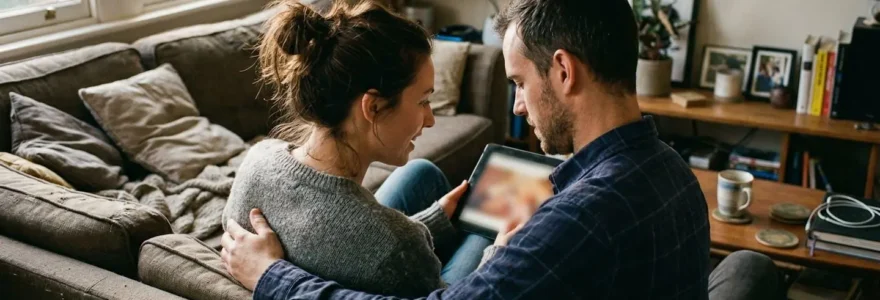 Un couple assis sur un canapé consulte une tablette ensemble, air concentré, dans un salon lumineux avec lumière naturelle de fin d'après-midi