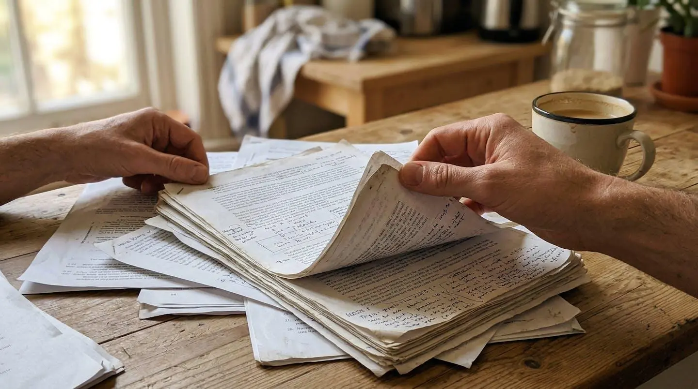Des mains feuilletant des documents papier sur une table de cuisine, une tasse de café à côté, lumière matinale naturelle