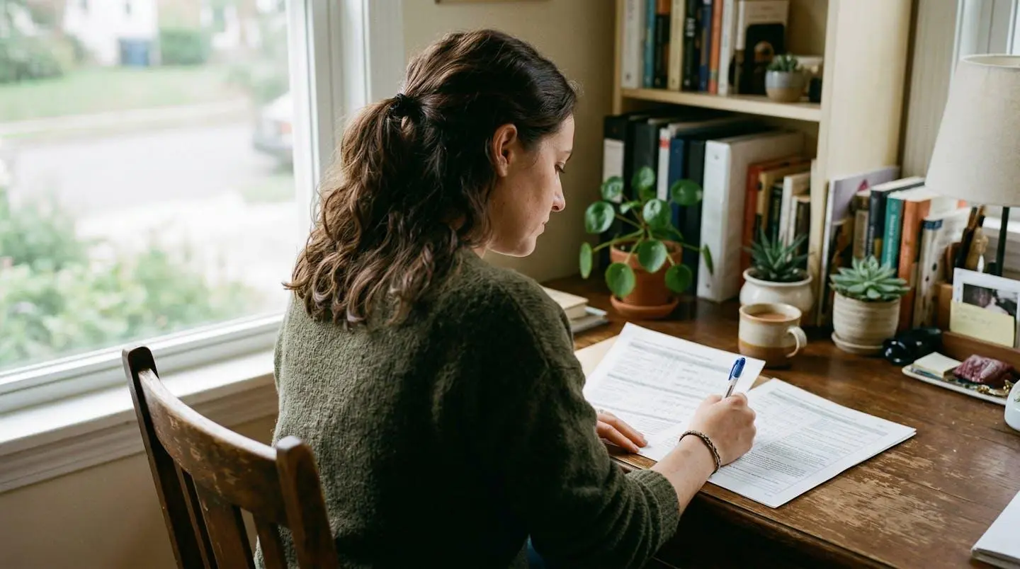 Une personne assise à un bureau à domicile, de profil, stylo en main devant un questionnaire papier au texte illisible, expression pensive