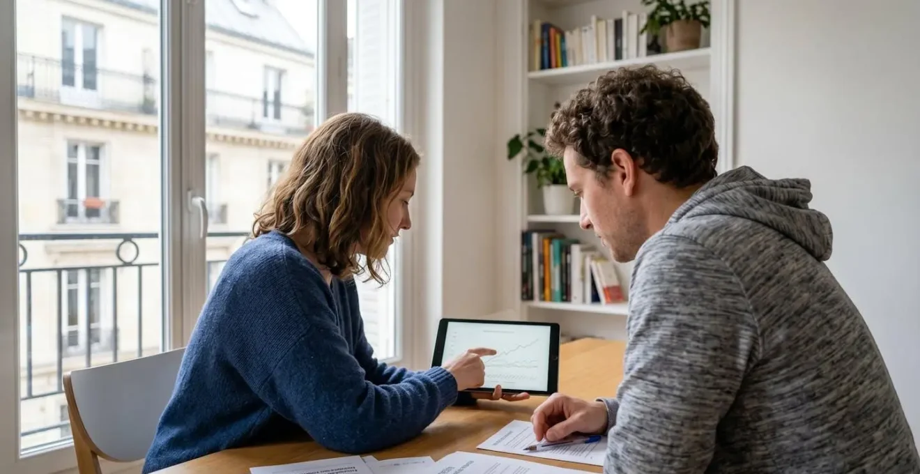 Un couple trentenaire assis côte à côte consulte des documents financiers ensemble dans un appartement parisien lumineux