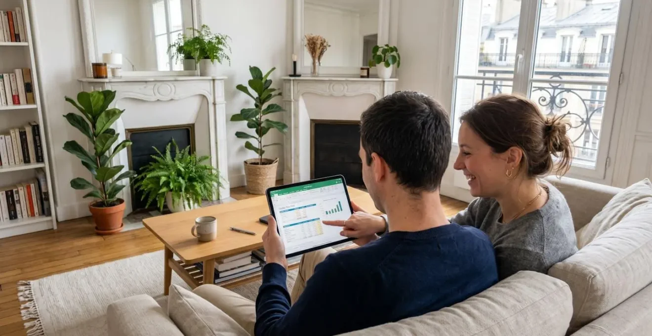 Un couple trentenaire assis côte à côte consulte des documents financiers ensemble dans un appartement parisien lumineux