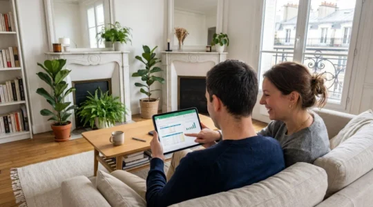 Un couple trentenaire assis côte à côte consulte des documents financiers ensemble dans un appartement parisien lumineux