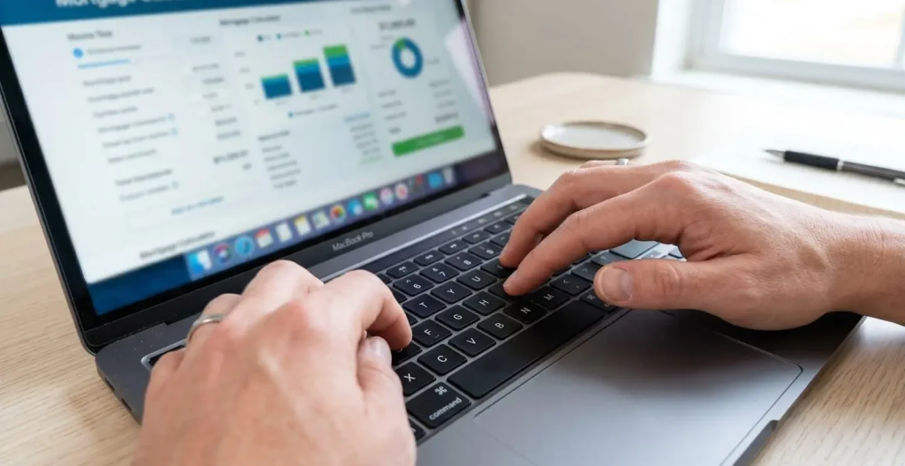 Gros plan sur des mains tapant sur un clavier d'ordinateur portable moderne avec un écran flou montrant une interface de simulateur de crédit