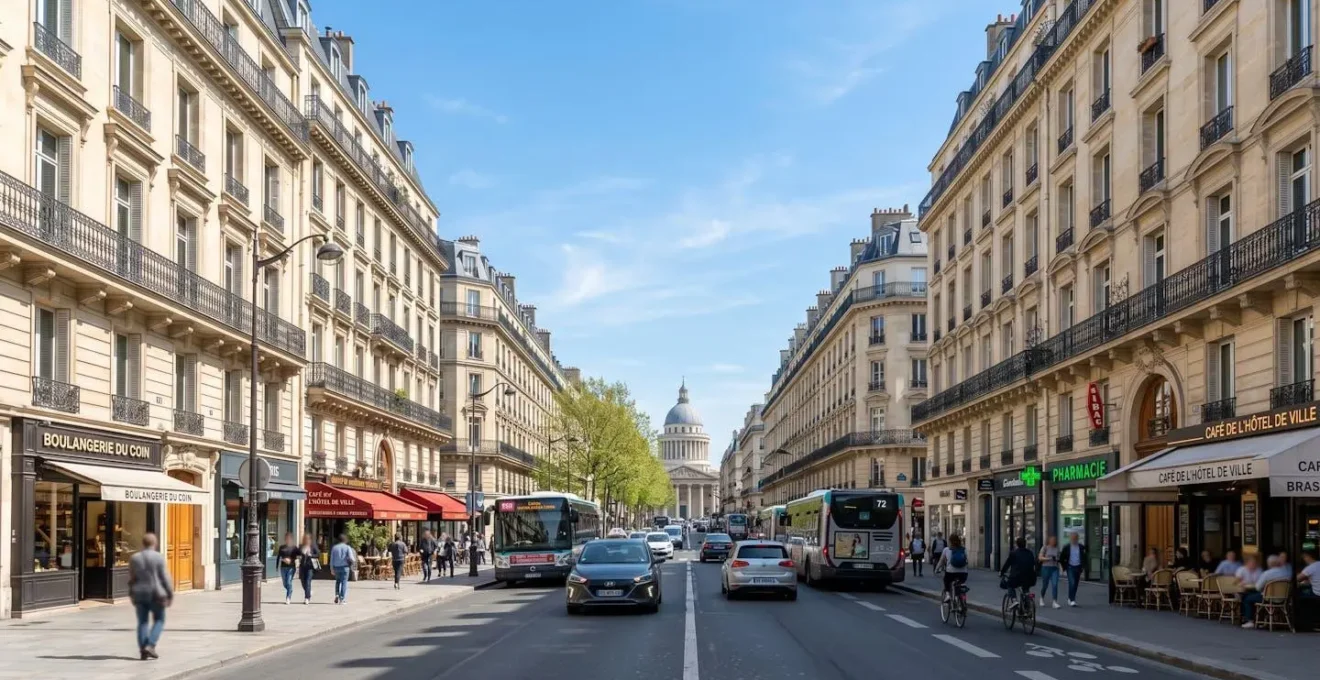 Perspective d'une rue parisienne typique avec immeubles haussmanniens et façades en pierre de taille sous un ciel dégagé