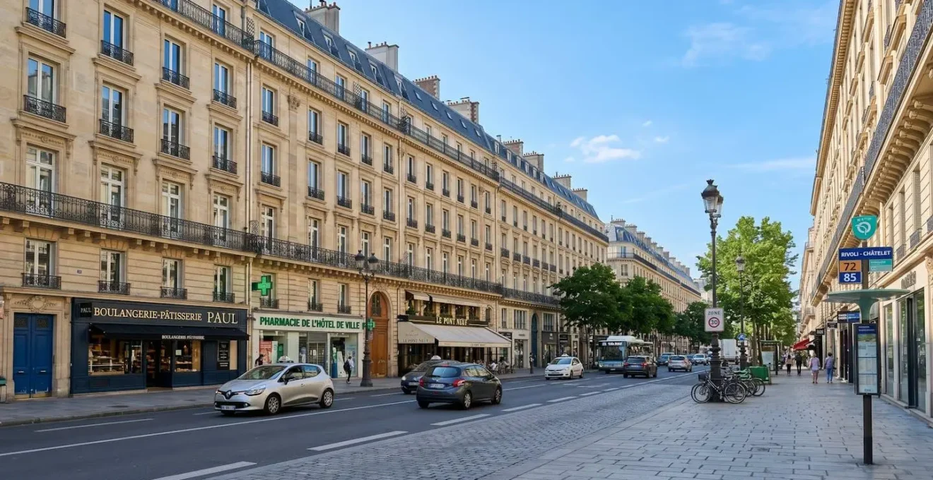 Perspective d'une rue parisienne typique avec immeubles haussmanniens et façades en pierre de taille sous un ciel dégagé